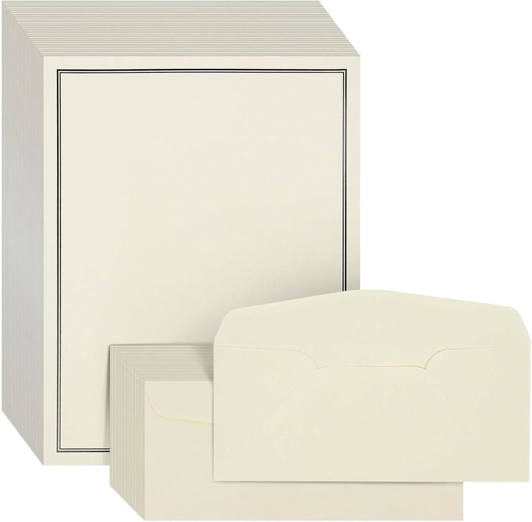 72 Piece Stationery Set for Writing Letters with 48 Ecru and Black Border Paper Sheets and 24 Envelopes (8.5 x 11 In Stationery Paper)