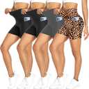 FULLSOFT 4 Pack Biker Shorts for Women with Pockets  5" High Waisted Tummy Control Workout Yoga Running Gym Tennis Shorts (Large-X-Large, 3-4 Pack Black/Black/Grey/Leopard)