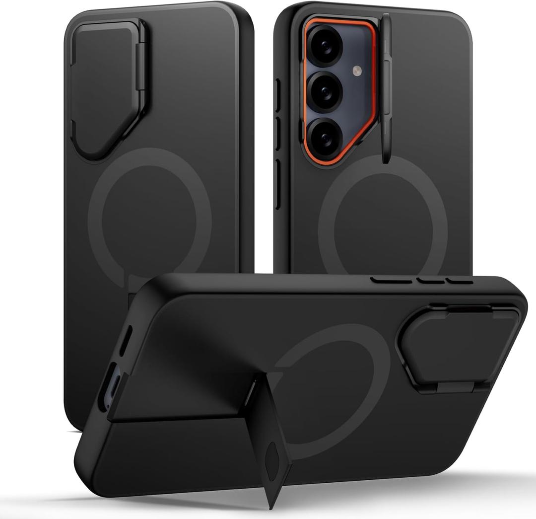 SURITCH for Samsung Galaxy S25 FE Phone Case, Magnetic Protective Cover with Camera Cover & Adjustable Metal Kickstand for Galaxy S25 FE (2025)-Black