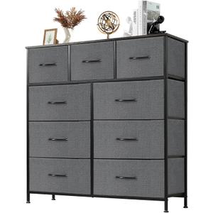 Sweetcrispy Dresser with 9 Drawers for Bedroom, Fabric Dresser Storage Tower, Chest of Drawers Organizer Unit, Storage Cabinet for Hallway, Closets, Steel Frame, Wood Top (Grey)