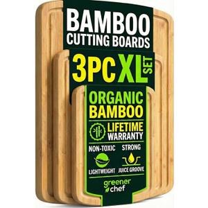 Greener Chef Luxury Wood Cutting Board 3-Piece Set with Vertical Grain Strength Technology - Extra Large Bamboo Cutting Boards for Kitchen with Deep Juice Grooves for Chopping - Lifetime Replacements