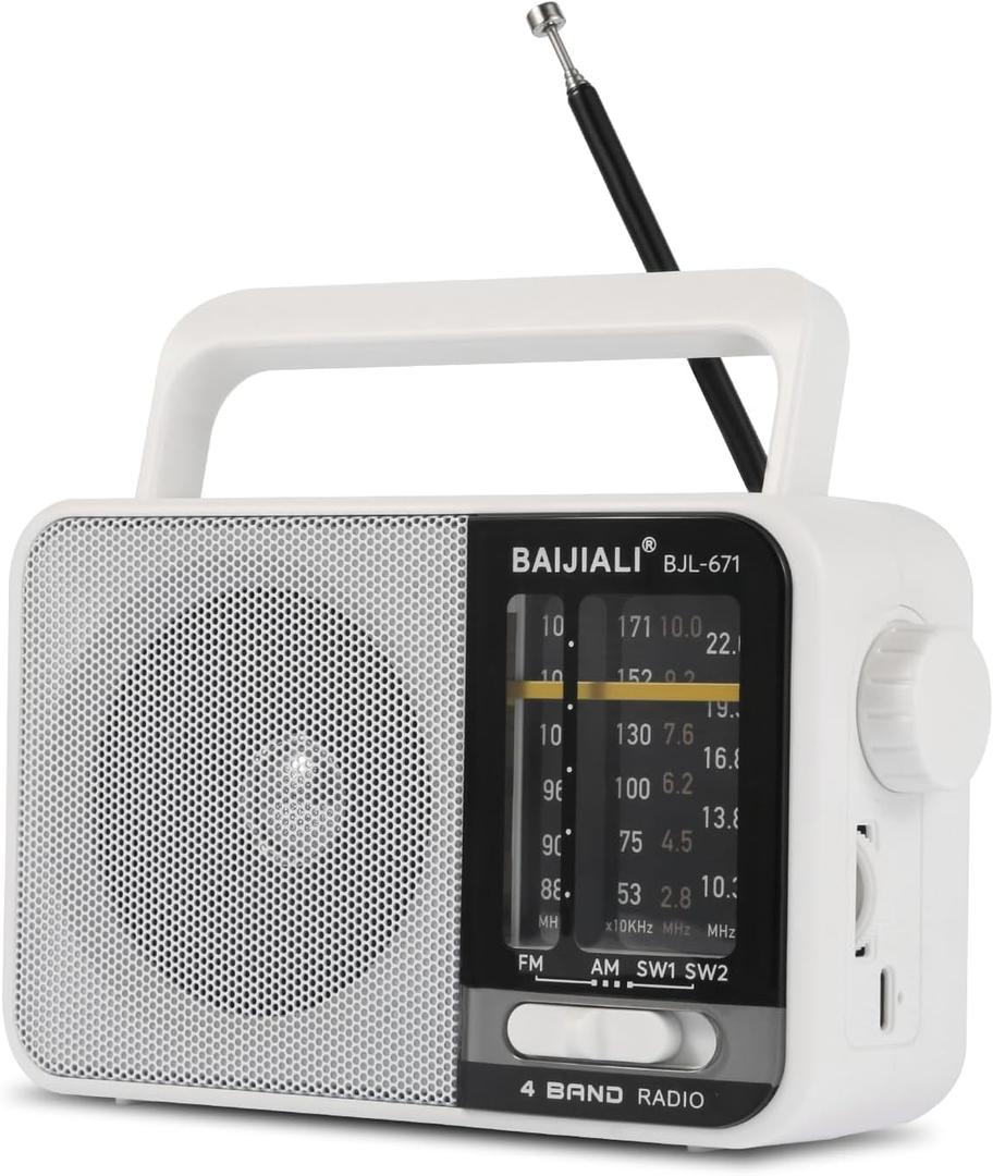 BAIJIALI AM FM SW Portable Radio - Dual Power (Battery/USB) Emergency Receiver with Loudspeaker, Transistor Design for Indoor/Outdoor, Travel & Survival Kit Ready (White, BJL-671)