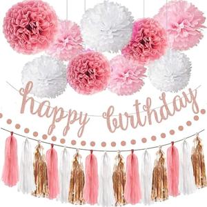 Pink Rose Gold Birthday Party Decorations Set, Rose Gold Glittery Happy Birthday Banner, Tissue Paper, Circle Dots Garland and Tassel Garland for Birthday Party Decorations