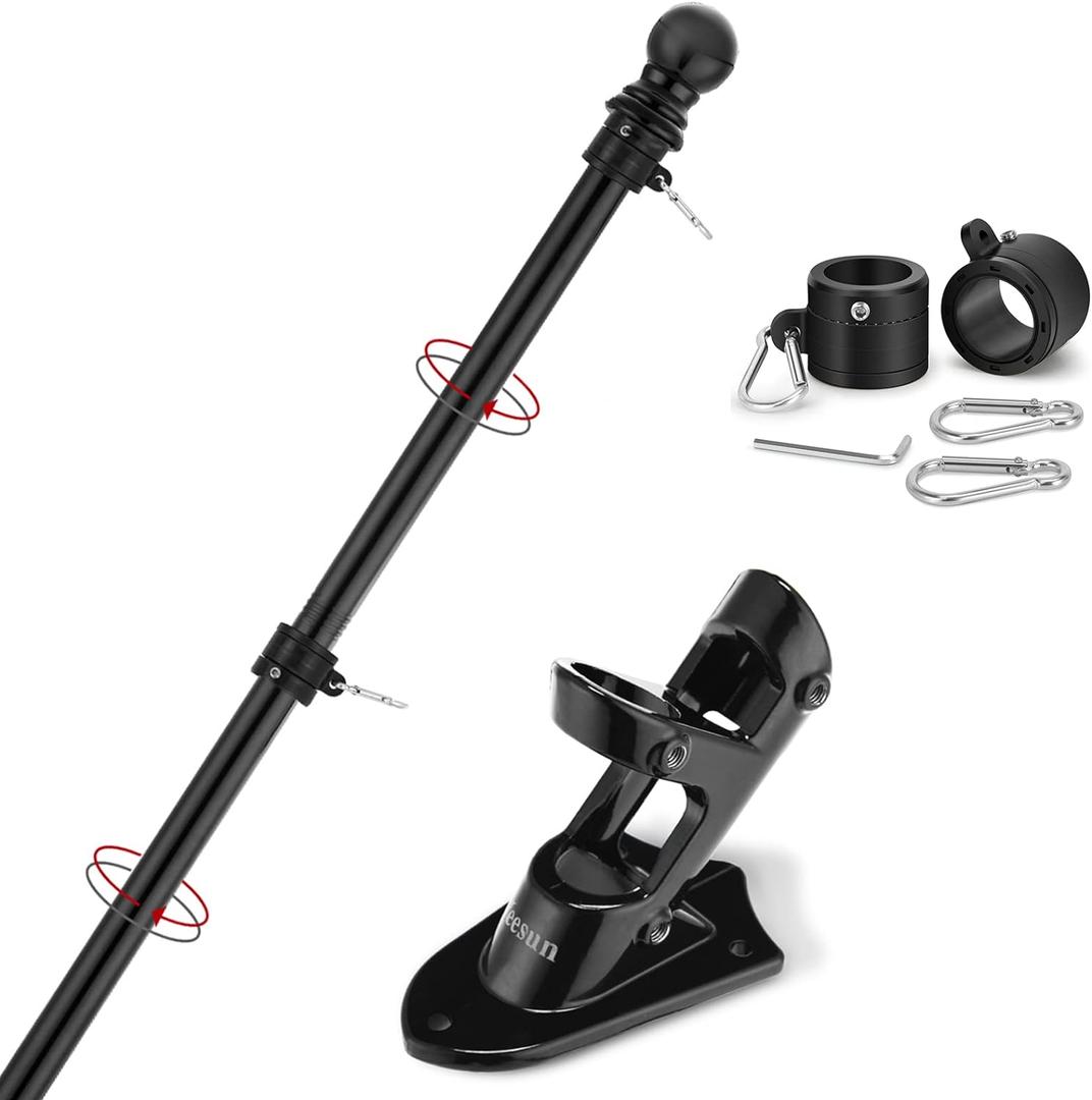 Yeesun Flag Pole,6FT American Flag Pole & Bracket-Flagpoles for 3 x 5 Flags Holder for House Porch & Outdoor,Tangle Free and Wall Mount Flag Pole Kit (Without Flag, Black)