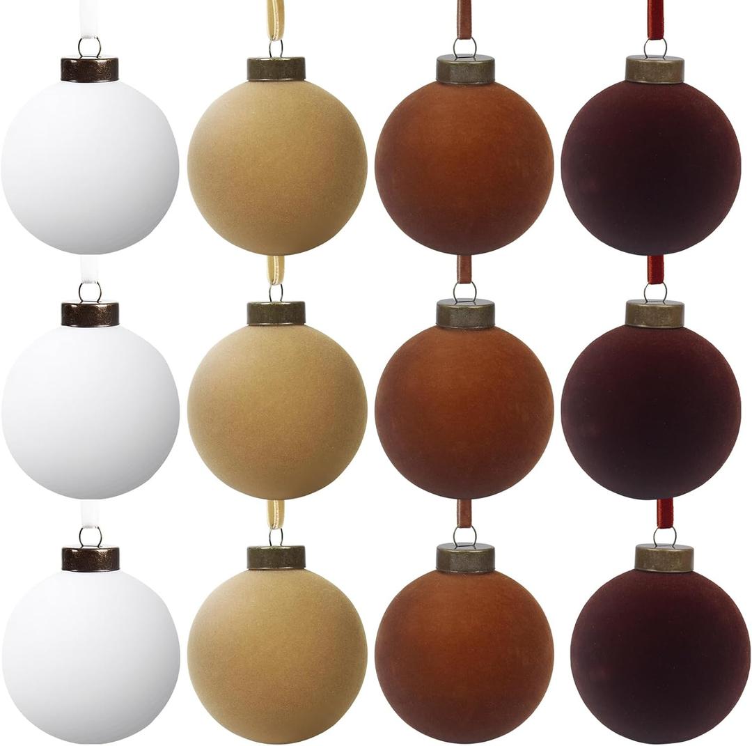 12 Pcs Velvet Christmas Balls Bulk Shatterproof Plastic Christmas Tree Decorations for Decorative Hanging Baubles (12, WhiteKhakiBrownCoffee, 3.94Inch)