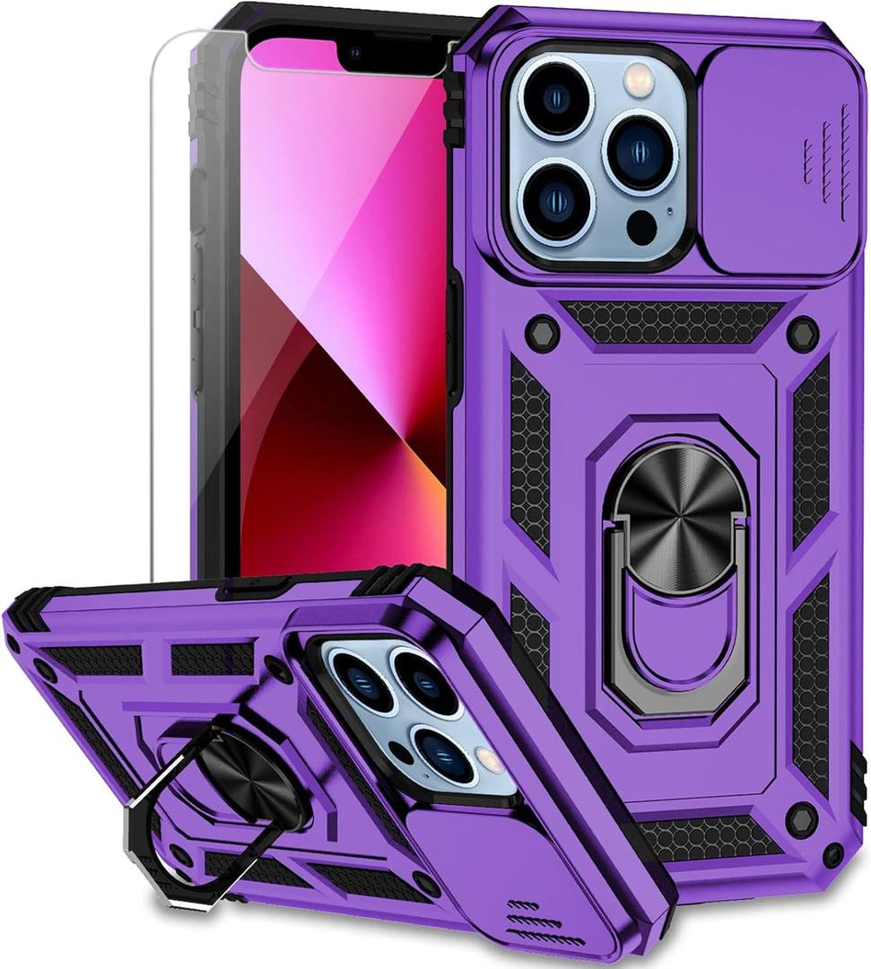 for iPhone 13 2 Pack  Case with Camera Lens Cover HD Screen Protector, Dual Layer [15 FT Military Grade Drop Protection] Magnetic Ring Holder Kickstand Protective Phone Case for iPhone 13 6.1 inch (Purple and Blue)