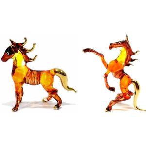 (Bundle of 2) Handmade Mini 2.5" Brown Victory and Standing Horse Figure Blown Glass Art, Miniature Wild Animals, Collectible Figurine Gift Ideas, Tiny Ornament, Cool Stuff Decor