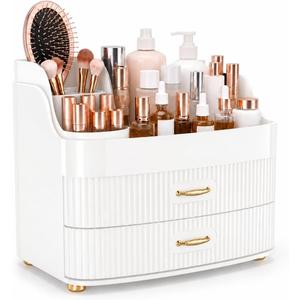Makeup Organizer for Countertop Vanity Skincare Storage for Perfume Lipstick Bathroom Dresser Desk with Drawers And Brush Holder (White)