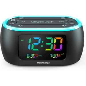HOUSBAY 3 in 1 Alarm Clock for Bedrooms- Clock Radio & Night Light, Rainbow Digit, Dual Alarm, Small Radio Alarm Clock for Kids, Teens (Black+colorful Digit)
