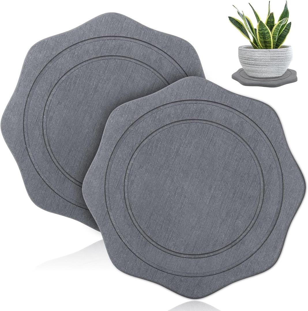 Plant Saucer for Indoors, 2 Packs 12 inch, Large Diatomaceous Earth Pot Saucers No Holes, Instant Dry Plant Drainage Trays for Pots, Dark Gray