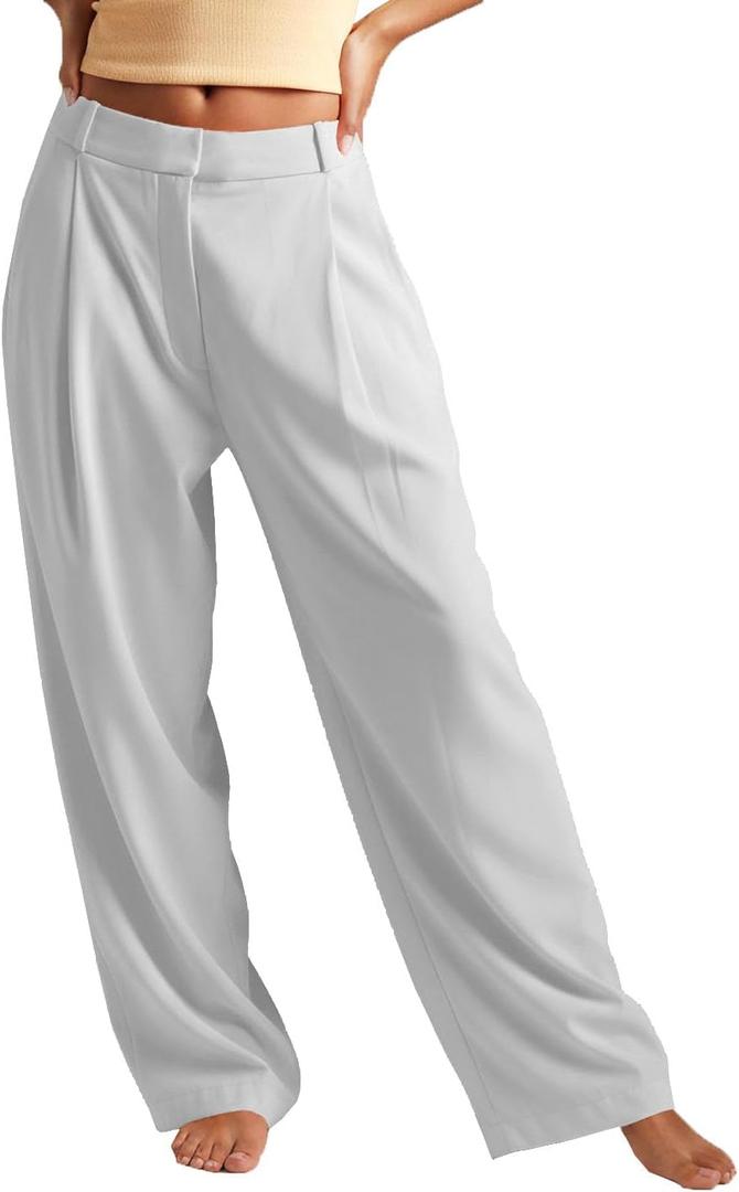 Women's Wide Leg Dress Pants Pleated Front Business Casual Work Pants with Adjustable Middle-Low Rise Trousers, Large