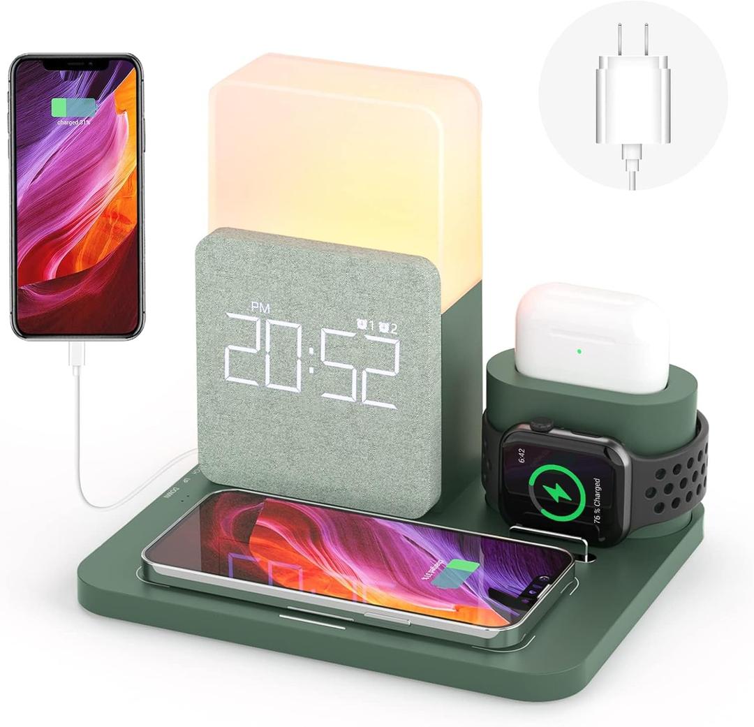 Wireless Charging Station, iPhone 3 in 1 Fast 15W Wireless Charger with Alarm Clock and Night Light, Charging Dock for iPhone 12/13/14/15/16 Pro/Pro Max, Samsung, AirPods (GREEN)