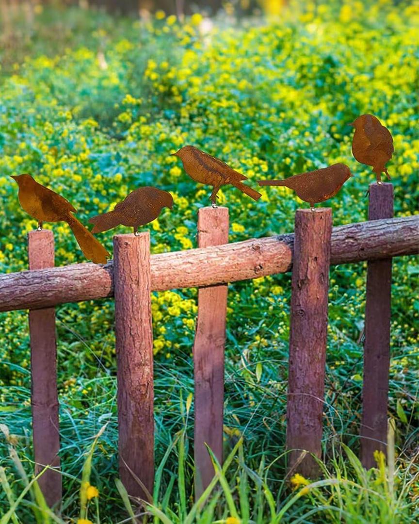 5PCS Rusty Metal Birds Decoration Bird Silhouette Statues Rusty Metal Yard Art Rustic Garden Outdoor Decor A