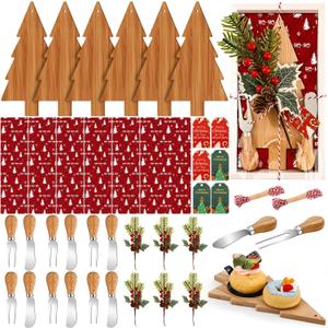 LemonRoad 6 Set Christmas Cutting Board Gift Christmas Tree Cutting Board with Knives Forks Kitchen Towels Merry Gift Tags Charcuterie Boards Bamboo Serving Tray for Xmas Birthday Party Favors