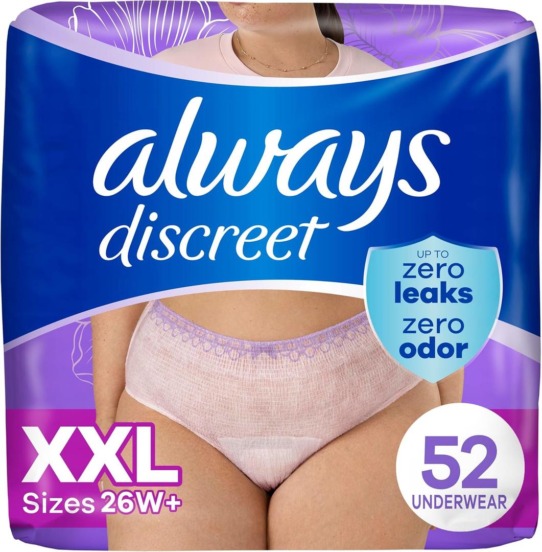 Always Discreet Adult Diapers for Women, Incontinence Underwear, Postpartum Essentials, Disposable Briefs, Max Absorbency, Bladder Leak Protection, 2XL / XXL, 52ct