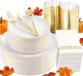 MirthMood 350Pcs White and Gold Dinnerware Set,Plastic plates Includes:50 Dinner Plates, 50 Dessert Plates, 150 Gold Plastic Cutlery,50 Paper Towels & 50 Cups for Party&Wedding