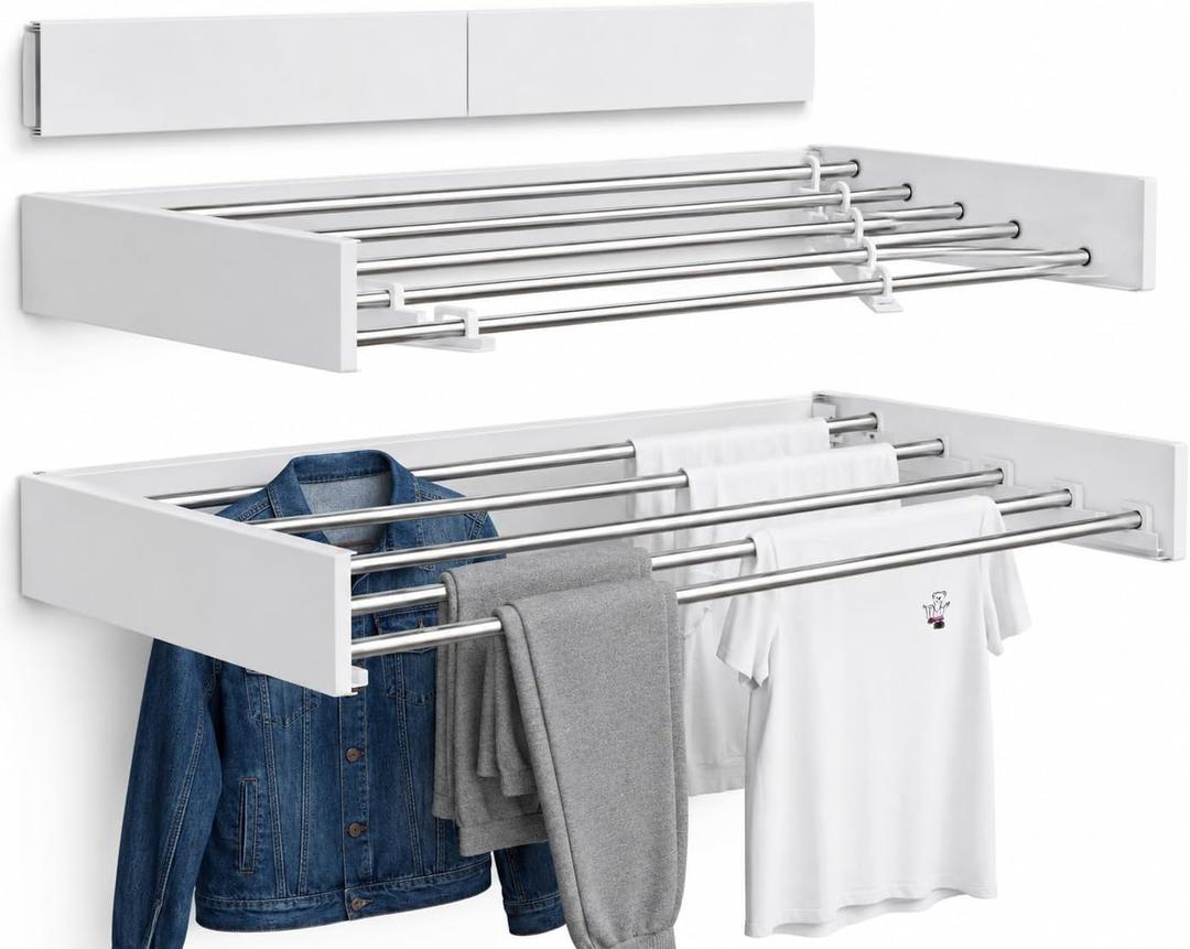 Wall Mounted Clothes Drying Rack, Foldable Retractable Laundry Rack with 5 Rods, 50 lb Capacity, Space Saving, 31.5 Inches X 15.7 Inches X 2.0 Inches, White