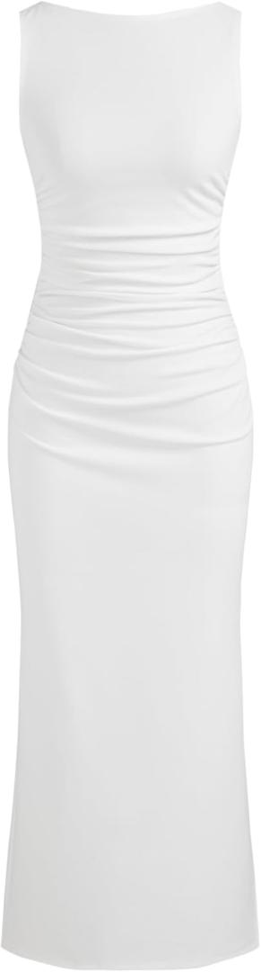 CIDER Women Summer Sleeveless Maxi Dresses Ruched Bodycon Long Wedding Guest Dress Cocktail Evening Gown (Medium, White)