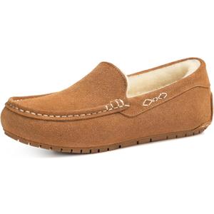 KIDMI Women's Genuine Suede Moccasin Slippers Fluffy Cozy House Shoes with Soft Sole Indoor/Outdoor (6-6.5)