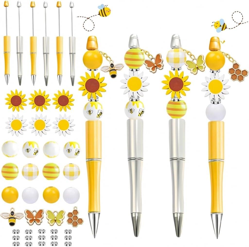 holoith 6 Set Beadable Pen Bulk Beadable Pens Kit Sunflower Themed Bead Sunflower Pen Charms Wood Beads Rhinestone Spacer Beads for Diy Present Students Teens School Office Supplies