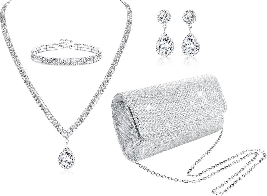 Subiceto 4Pcs Silver Clutch Purse Jewelry Set for Women Evening Rhinestone Purse Crystal Necklace Earrings Bracelets Set Silver Accessories for Women Bride Wedding Jewelry