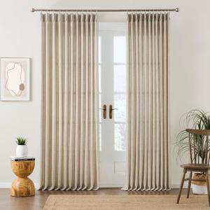 Beige Sheer Pinch Pleated Curtains 96 Inches Long 2 Panels, Back Tab Pleated Drapes Hooks Thick Linen Textured Boho Farmhouse Curtain for Dining Bedroom 70 Inch Wide Each Panel