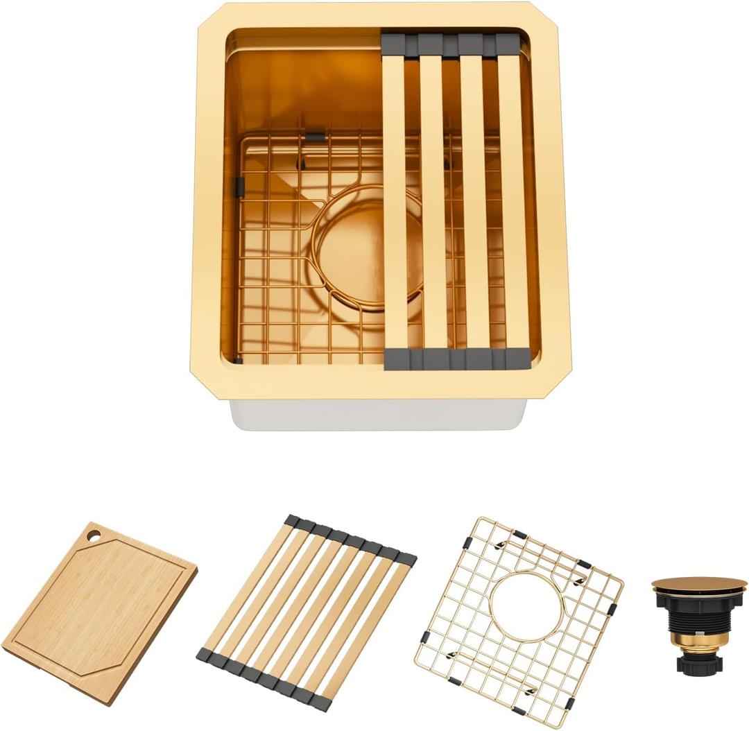Gold Kitchen Sink, 13" x 15" x 10" Undermount Bar Sink, 13 Inch Small and Deep Kitchens Sinks, Stainless Steel Material, 13 x 15 Single Bowl Workstation Sinks with Matching Accessories