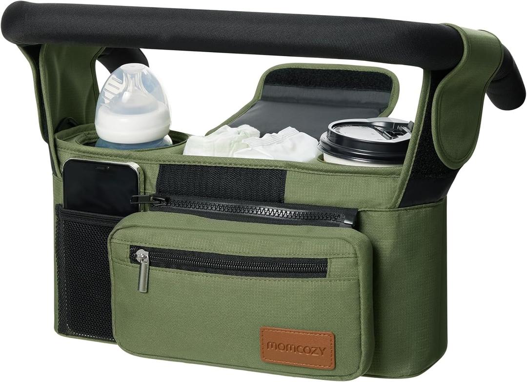 Momcozy Universal Baby Stroller Organizer, 2 Insulated Cup Holder, Detachable Zippered Pocket, Adjustable Shoulder Strap, Large capacity for baby essentials, Compact Design Fits Any Strollers