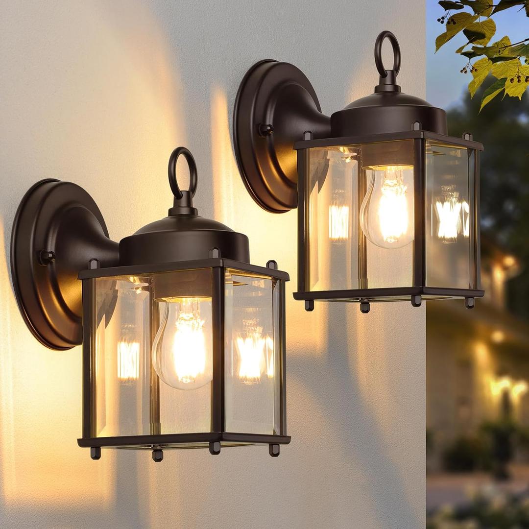 Outdoor Wall Lantern, Exterior Dark Chocolate Waterproof Wall Sconce Lighting Fixture, Front Door Wall Lamp with Clear Beveled Glass, 2 Pack (8.27 inch)