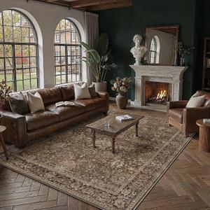HUGEAR Area Rugs 6x9 Machine Washable Rug Vintage Brown Living Room Bedroom Rug Retro Distressed Non Slip Stain Resistant Neutral Low Pile Throw Carpet for Home Aesthetic Decor