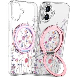 Loheckle for iPhone 16 Case - Compatible with MagSafe Stand Women Girls Cute Clear Girly Aesthetic Kawaii Unique Design Soft TPU Built-in Magnetic Stand Phone Cover for Apple 16, Purple Flower