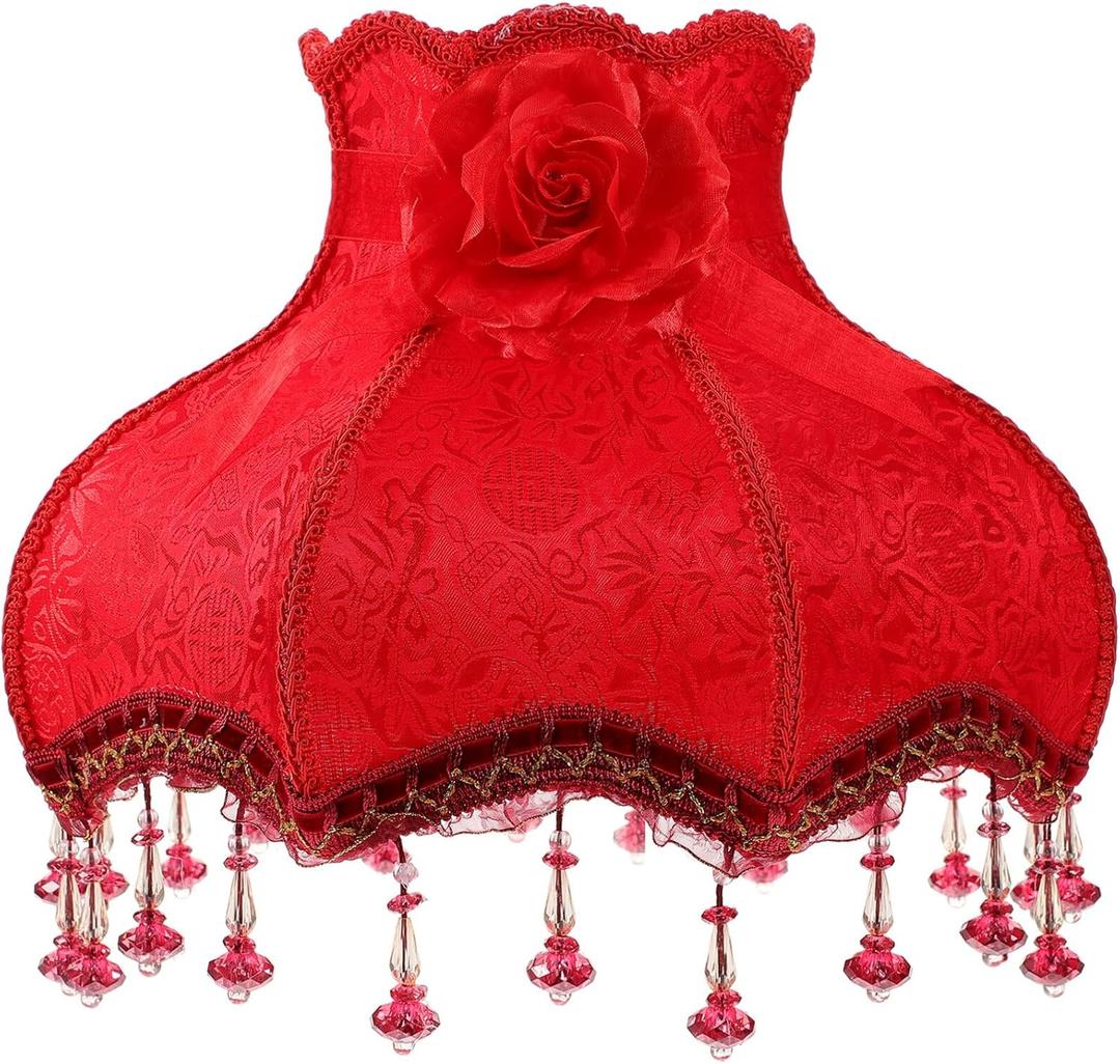 BESTOYARD Vintage European Embroidery Lace Lampshade Replacements with Crystal Pendant Beads Cloth Dome Shaped Fancy Bedside Lamp Shade for Marriage Room Bedroom Living Red