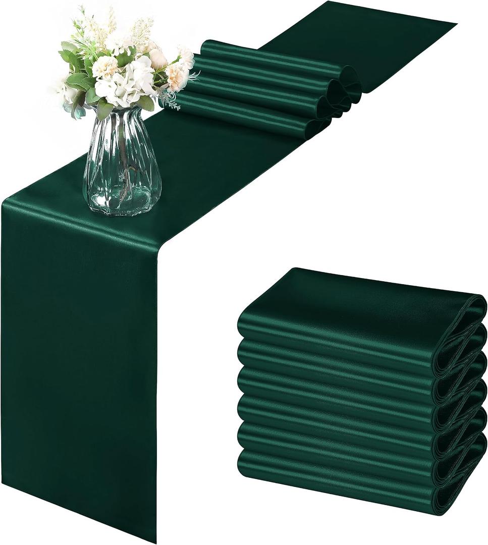 Horbaunal 6 Pack Satin Runners 12 x 108 Inch Bright Silky Smooth Satin Table Runners for Birthday Wedding Party Banquets, Forest Green