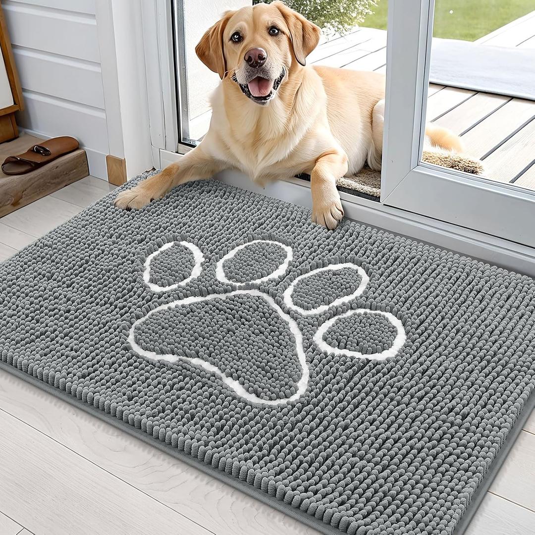 OLANLY Dog Door Mat for Muddy Paws 36x24, Paw Print Design, Absorbs Moisture and Dirt, Absorbent Non-Slip Washable Doormat, Quick Dry Chenille Mud Mat, Entry Indoor Entryway Carpet, Grey and White