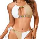 Sexy Women Color Block Swimsuit, Rhinestone Halter Thong Low Rise Bikini Set, Vacation Beach Pool Party Bathing Suits (Small, White & Coffee)