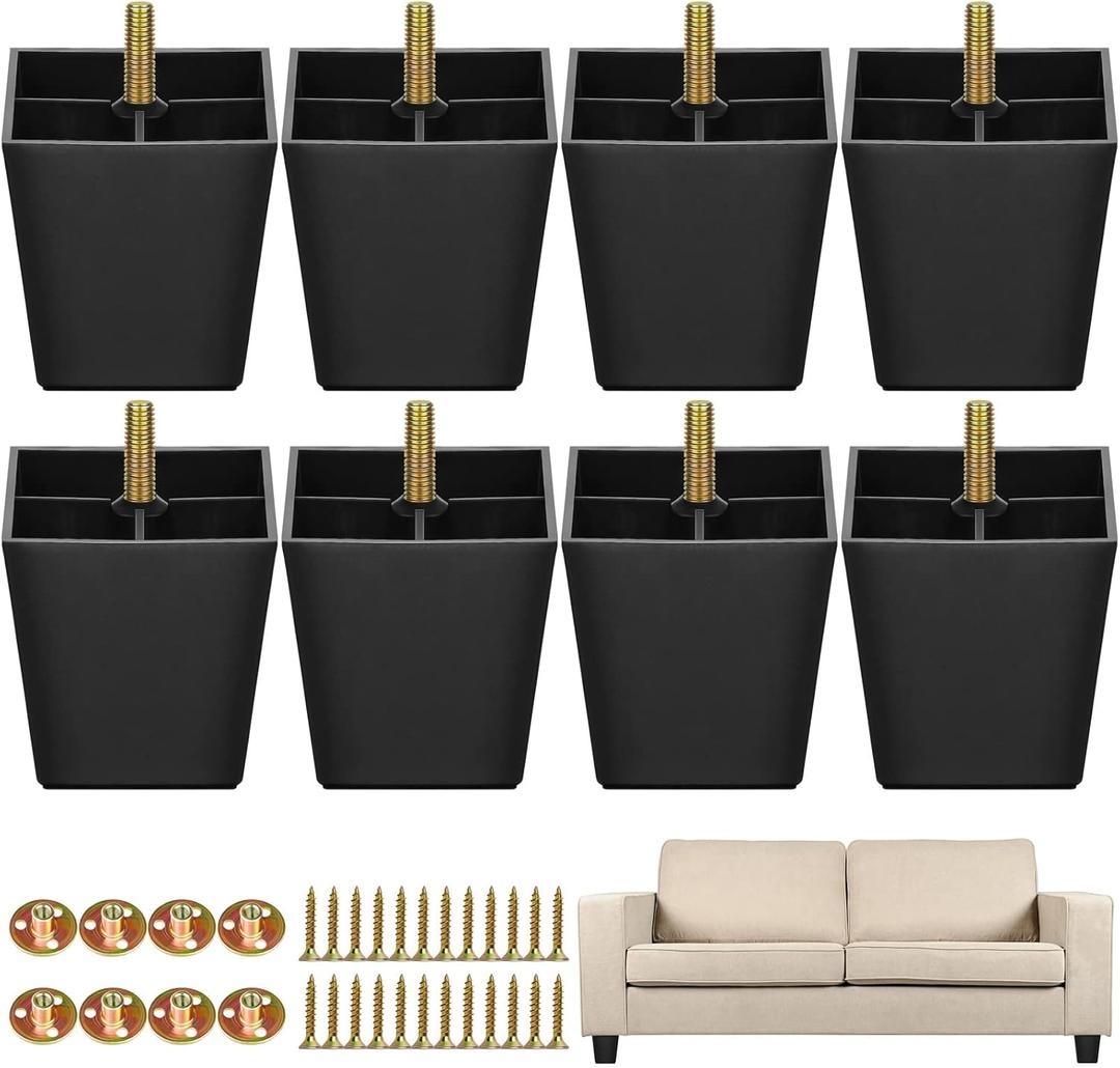 TURSTIN 8 Pack 3 Inch Furniture Legs Plastic Sofa Couch Legs Square Tapered Feet Sofa Legs with M8 T-Nuts Screws for Legs Sofas Chairs Cabinets Dressers Beds, Black