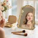Vintage Vanity Mirror with Stand 11.8"x9.6" Gold Tabletop Makeup Mirror, Arched Decorative Mirror with Carved Engineered Wood Frame for Bedroom, Dresser, Bathroom or Desk