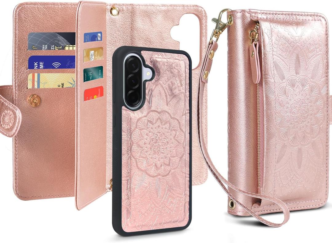 Harryshell Detachable Magnetic Phone Case Compatible with Samsung Galaxy A36 / A56 5G Wallet [ RFID -Blocking ] Card Slots, Cash Zipper Pocket Wrist Strap Lanyard (Floral Rose Gold)