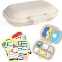 1Pack Travel Pill Organizer & 56 Medicine Name Stickers, 8 Compartments Portable Pill Case, Small Pill Box for Pocket Purse Portable Medicine Vitamin Container (Beige with Stickers)