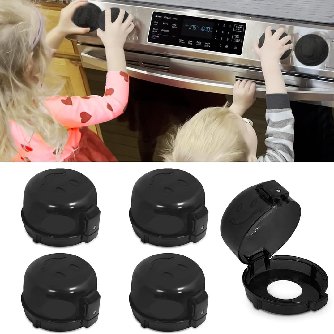 Childproof Stove Knob Covers, Oven Knob Covers for Child Safety 5 Pack, Clear Stove Knob Safety Covers & Gas Stove Locks, Heat-Resistant Adhesive, Double-Key Baby Proof Covers for Gas/Electric Burners (Black)