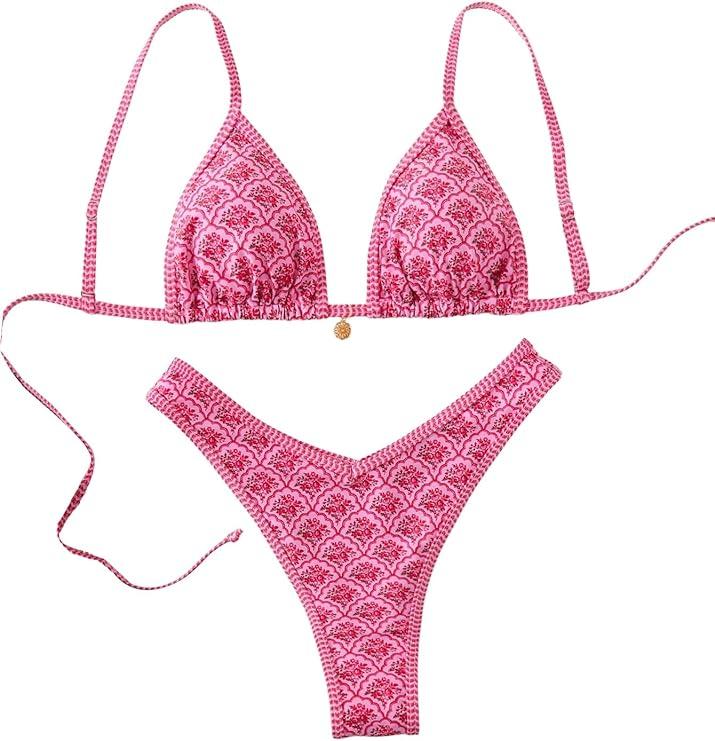 Women's Triangle Thong Bikini Sets Y2k Floral Cute Bikinis String Swimsuits Bathing Suit M