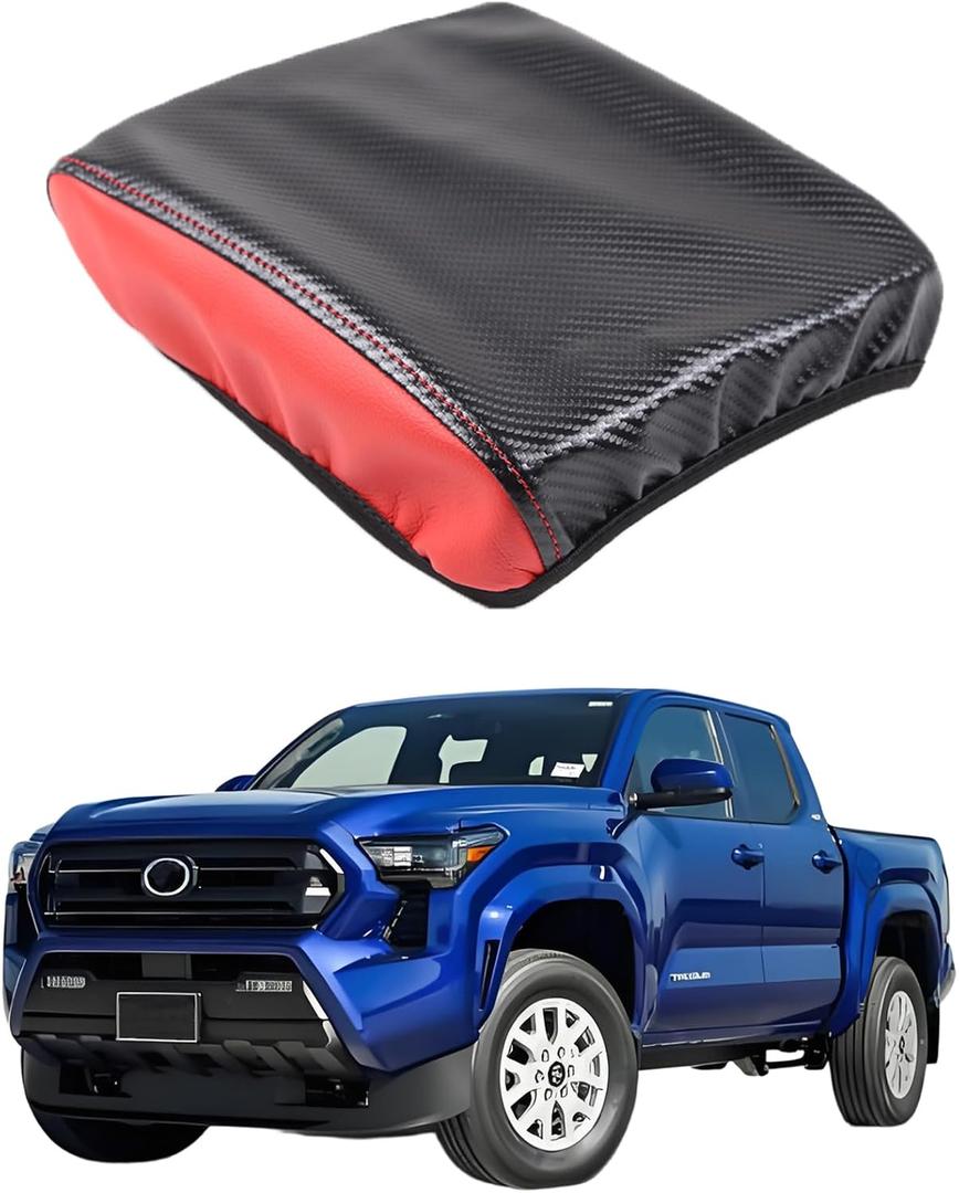 Leather Center Console Armrest Cover Compatible with Toyot@a Tacoma 2024 2025+ | Premium PU Cushion Pad & Storage Organizer | Custom Fit Protector (Black Carbon Fiber(Red Side))