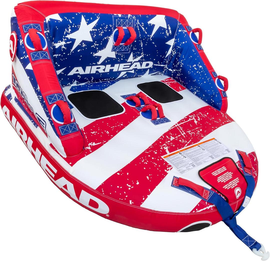 Airhead Mable Towable Tube for Boating, 1-4 Rider Inflatable Boat Tube for Water Tubing, Heavy Duty Full Nylon Cover, EVA Foam Pads, Dual Tow Point, Patented Speed Safety Valve, 2 Rider, Stars & Stripe