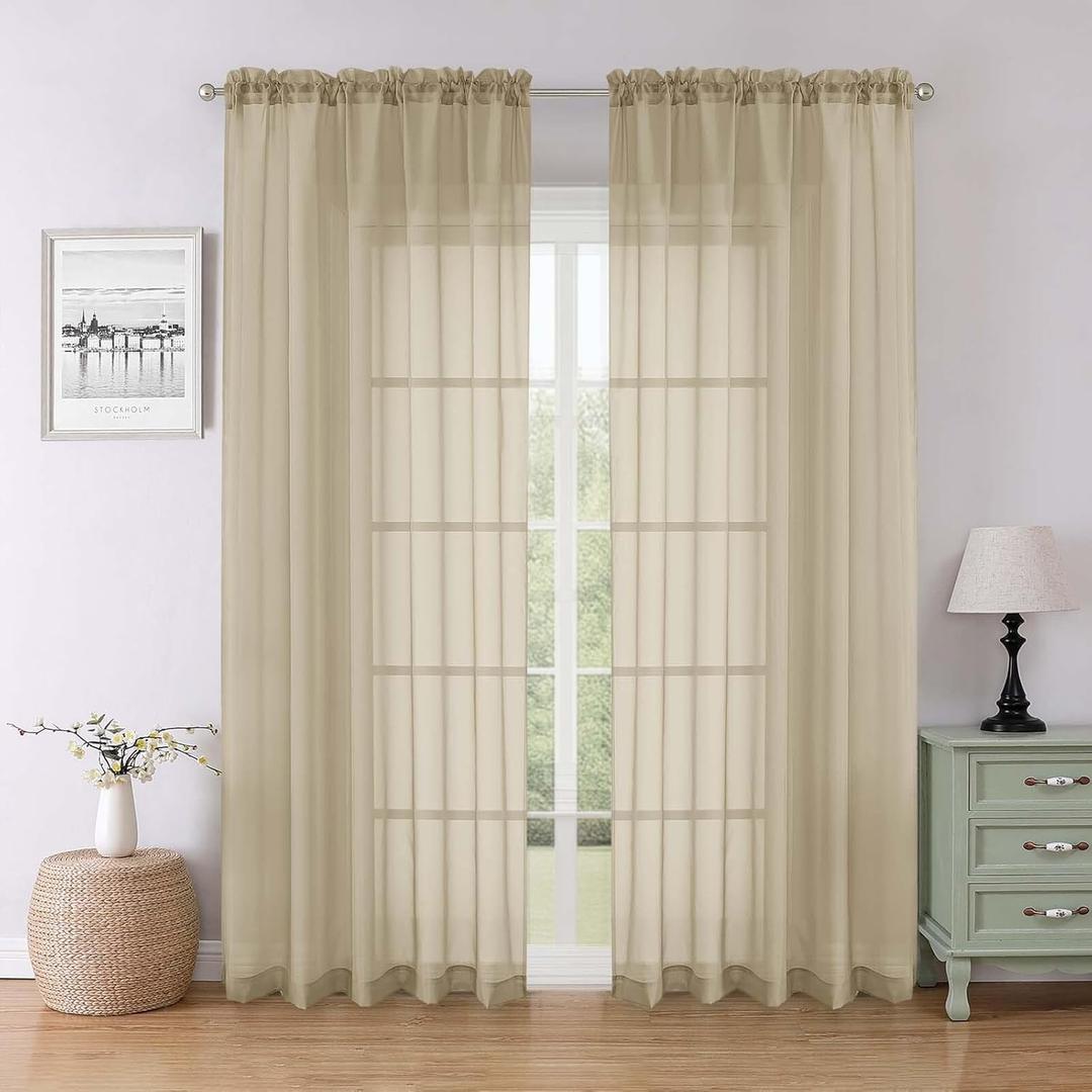 Lecloud Taupe Sheer Curtains for Bedroom Decor 84 Inches Long 2 Pcs, Modern Farmhouse Decor Rod Pockets Airy Light Filtering Curtains for Living Room, Dining Room Drapes, Each Panel 59" W x 84" L