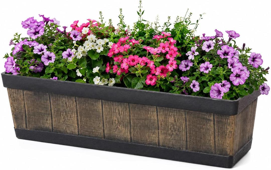 Outdoor and Indoor Rectangle Trough Plastic Planter Box, Vegetables or Flower Planting Pot, Brown Large (QI004121.L)