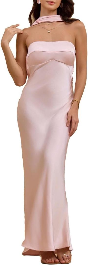 Women's Summer Satin Strapless Tube Top Maxi Dress Elegant Silk Backless Halter Neck Formal Party Dresses Wedding Guest (Pink, XL)