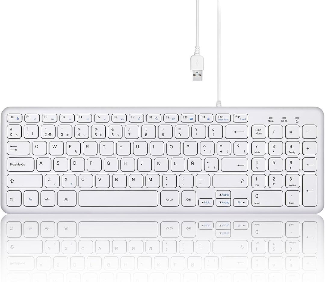 Perixx PERIBOARD-213W Silent USB Scissor Keyboard with Cable – Compact Design with Numeric Keypad – White – Spanish Qwert with Ñ