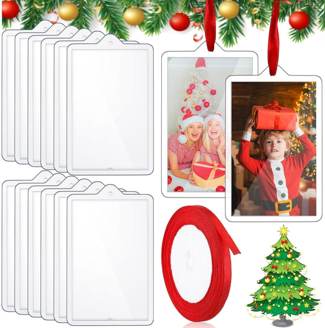 12 Pieces Christmas Clear Hanging Photo Frame Acrylic Picture Frames Ornament Mini Frames with Ribbon Xmas Picture Frame for Christmas Trees Decoration (12, Rectangle)