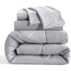Twin Size Comforter Set, 5 Pieces Soft Bedding for All Seasons, Bed in A Bag, Kids Bedding Set with 1 Comforter, 1 Fitted Sheet, 1 Flat Sheet, 2 Pillowcases, Light Grey