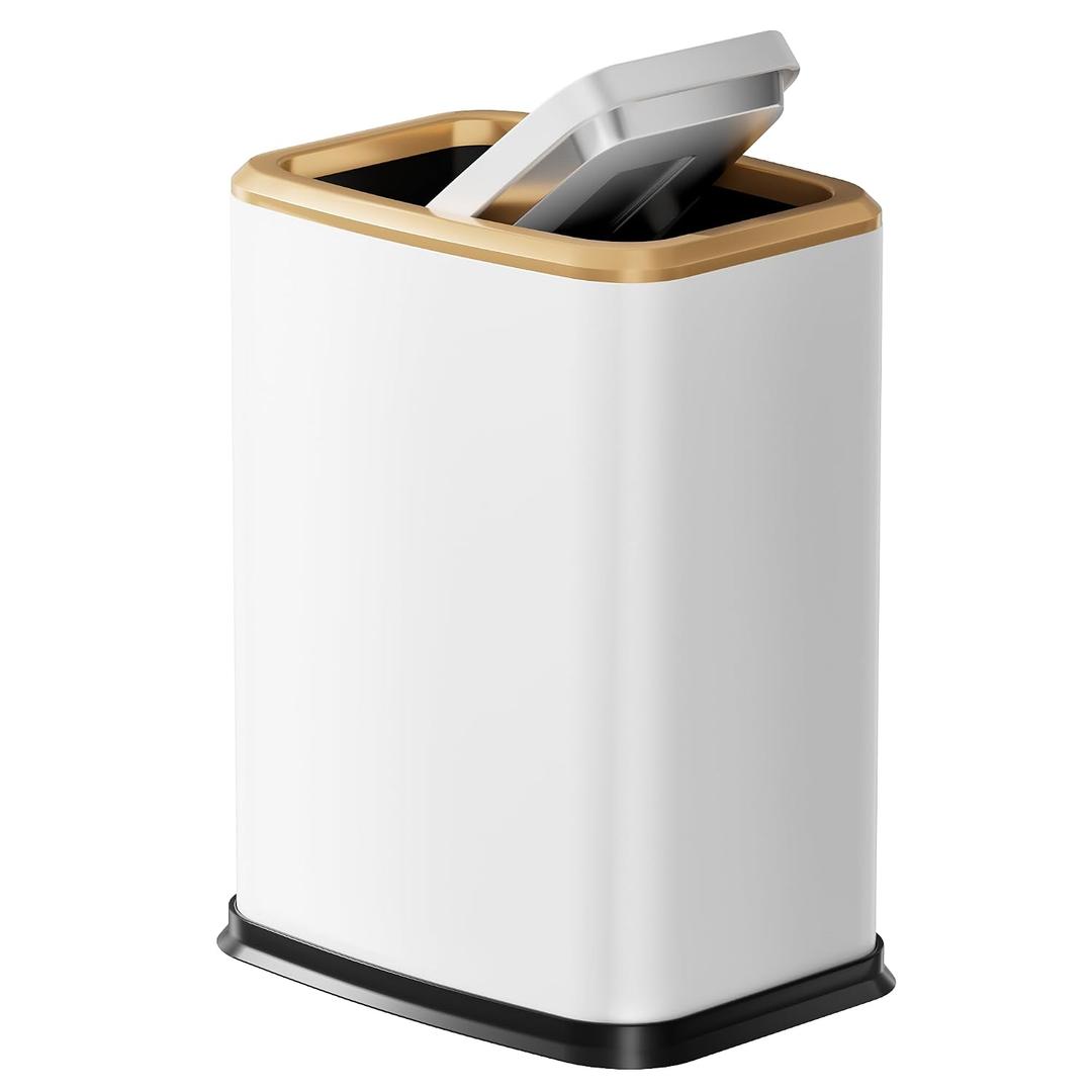 2.1 Gal Slim Bathroom Trash Can with Swing Lid, Rustproof Stainless Steel Small Garbage Can for Narrow Spaces & Toilet Side, Dog Proof Odor Control Waste Basket for Bedroom/Office, White